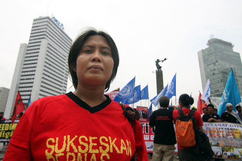 Workers demonstrate for fair labour conditions in Jakarta