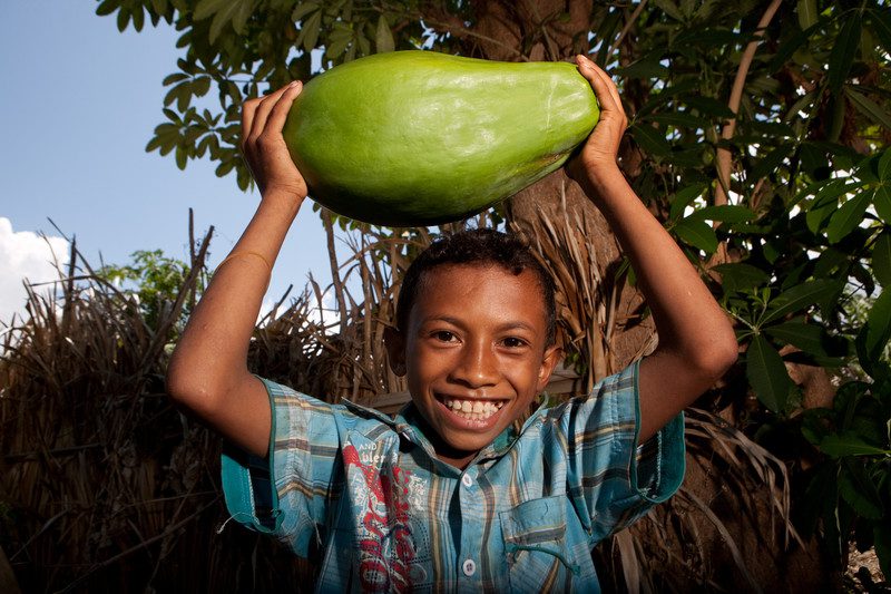 Damiao Lopez Sampaio, 8, with papaya