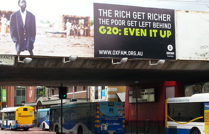 Oxfam Australia's message to G20 World Leaders in Melbourne St South Brisbane. Photo: Ann Matson/OxfamAUS