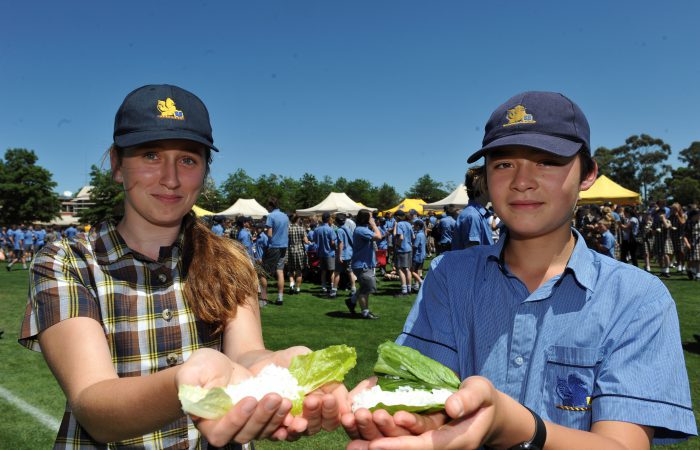 Ballarat Grammar year 9 students Abbey Miller and Ollie Meakin take on the hunger challenge. Picture Ballarat Courier Lachlan Bence